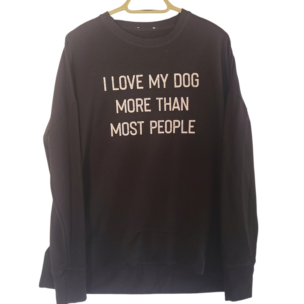 Chic Black Dog Lover Sweatshirt Crew Neck Split Sides M/L